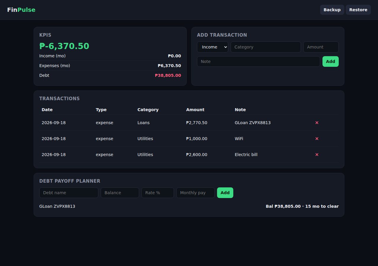 FinPulse finance dashboard